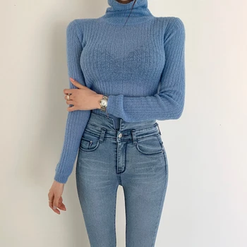 

White Korean Knitted Sweater for Women Turtleneck Long Sleeve Autumn Slim Pullover Female Clothing Fashion New 2020 Casual Solid