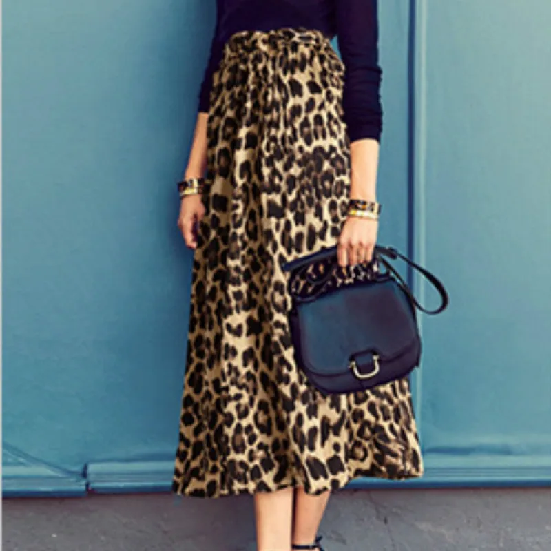 Леопардовая длинная юбка для женщин, плюс размер 5XL 6XL, до середины икры, высокая талия, приталенная, плиссированная, Лоскутная, бархатная, шифоновая, зимняя, летняя