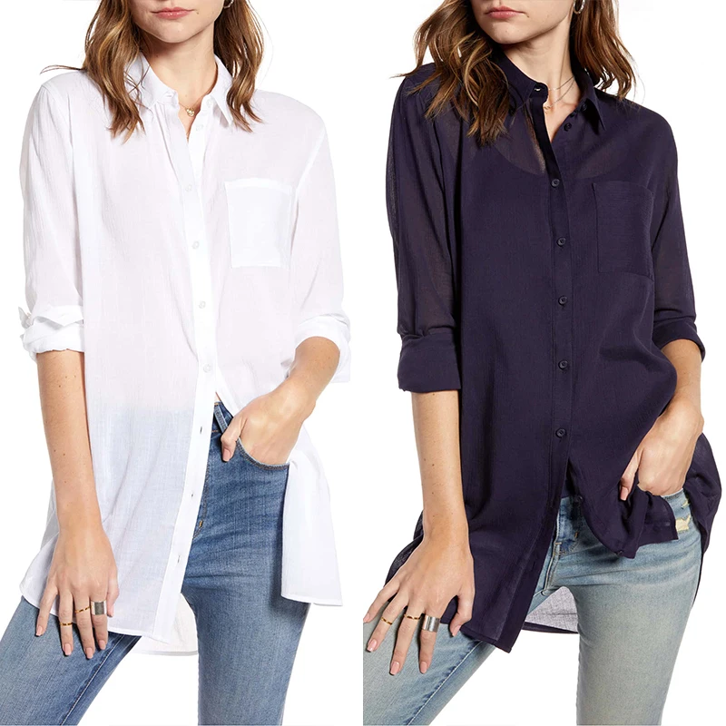

2020 New Women Blouse Shirts Casual Loose Basic V Neck Long Sleeve Buttons Turn Down Collar White Shirt Tops Female Clothing