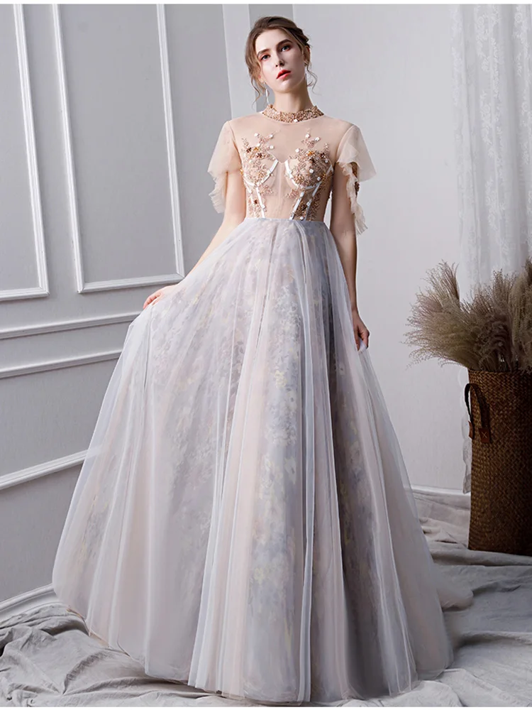 Это Yiiya платье для выпускного вечера с высоким воротом короткий рукав Иллюзия Vestidos de gala блесток линия этаже-Длина платья Для женщин вечерние ночное V107