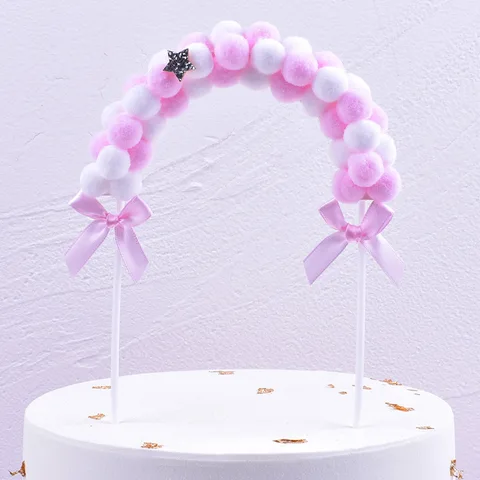 Pearl Bow Soft Pompom Cake Topper Flags Wedding Birthday Party Cake Decor Kids Baby Shower Favors Cupcake Topper Supplies