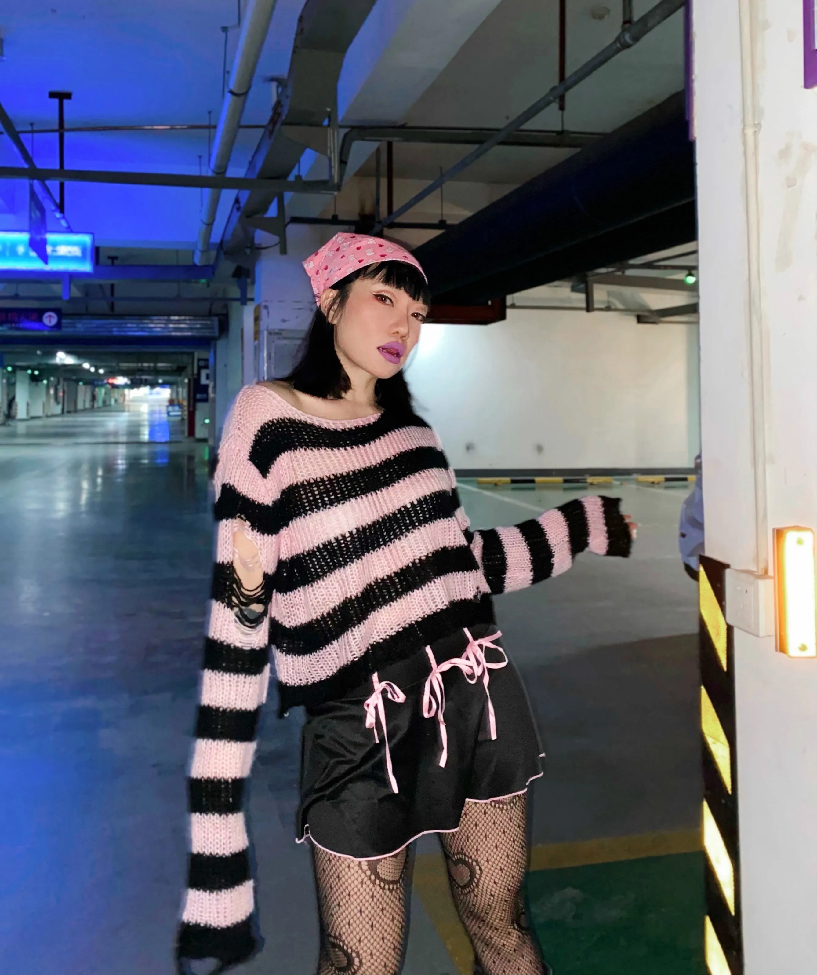 Punk Gothic Short Sweater 2021 Summer Women Sexy Striped Cool Hole Broken Jumper Loose Alt Emo Dark Streetwear Y2k Top Unisex