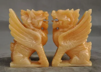 

wedding decoration Natural yellow jade carving Kylin Kirin Chi-Lin Kilin Qilin unicorn Statue pair