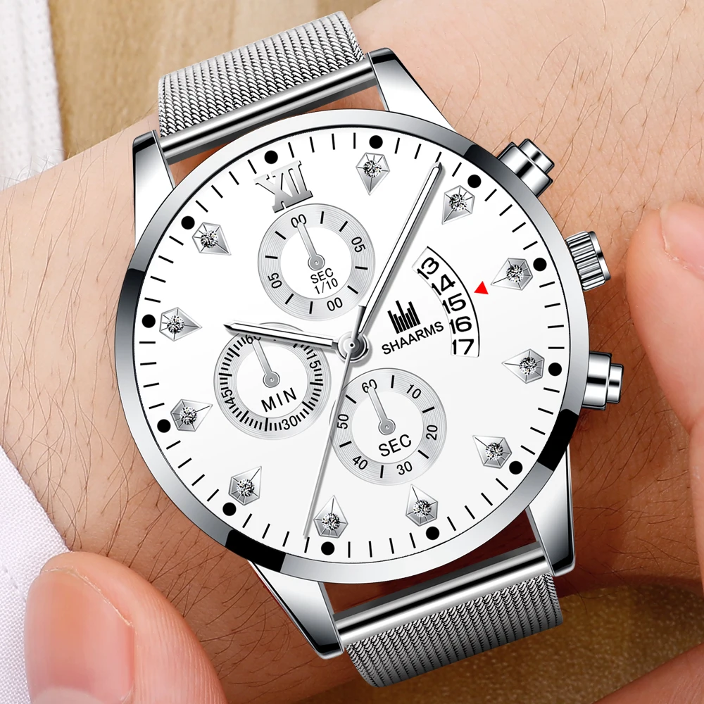SHAARMS классический сетчатый ремешок из нержавеющей стали кварцевые часы Relogio Masculino роскошные бриллиантовые мужские часы модные наручные часы с датой