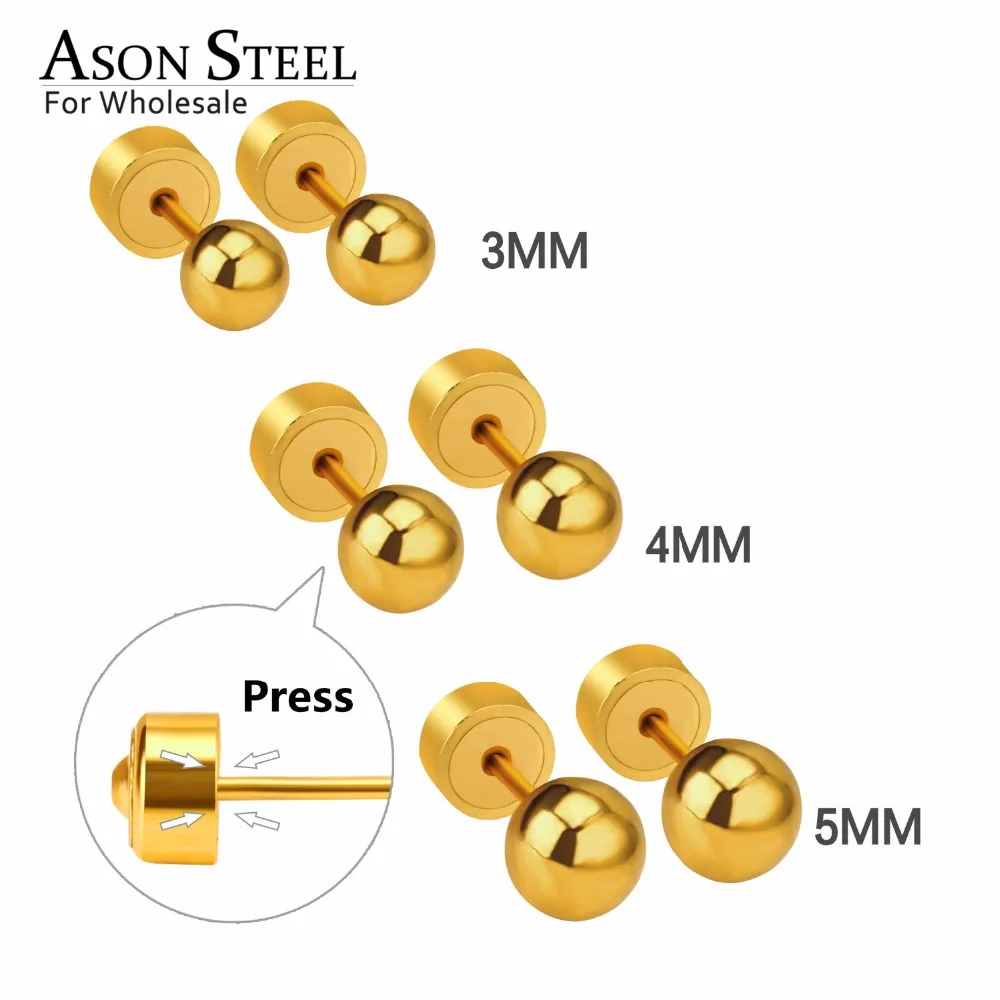 Асон сталь нержавеющая сталь золото/серебряный шар пресс серьги из нержавеющей стали для ребенка/ребенка серьги 3 мм/4 мм/5 мм круглые серьги ювелирные изделия