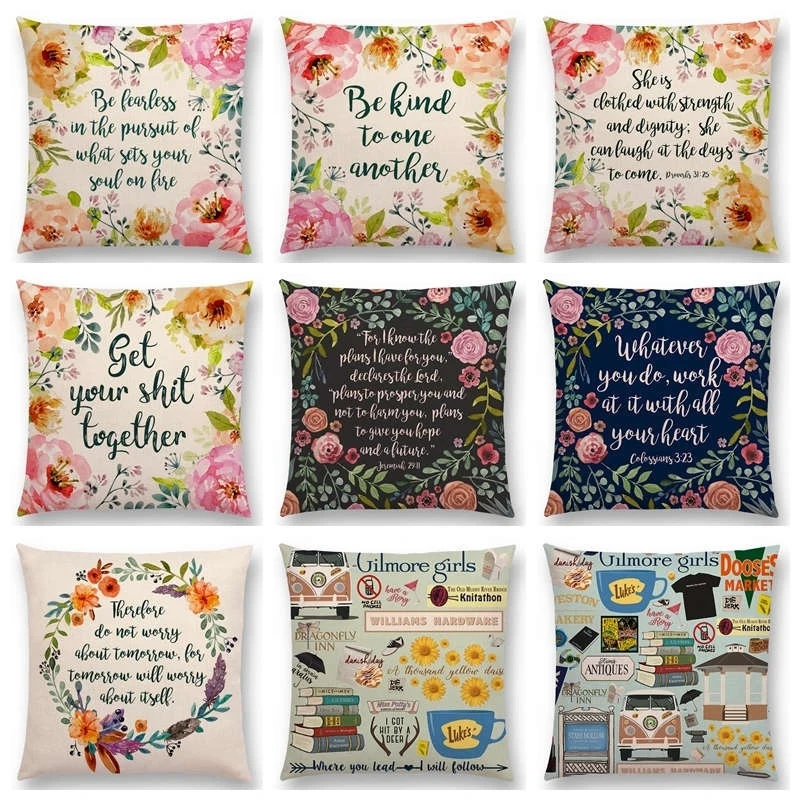 Newest Flowers Leaf Decorative Letters Throw Pillow Case Warm Words Floral Pattern Love Cushion Covers case
