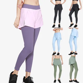 

NEW Fashion Pants Women's Casual Fake Two High Waist Elastic Solid Color брюки Running Stretch Sport Full Length Pants Freeship