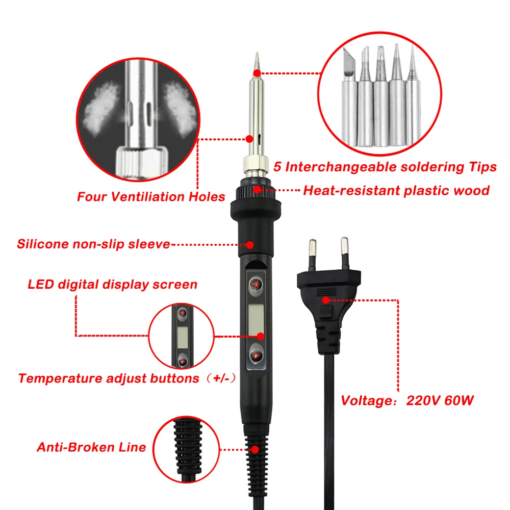 80W Adjustable Temperature LCD Digital Electric Soldering Iron 110V 220V Multifunctional Welding Repair Tool hot air rework station