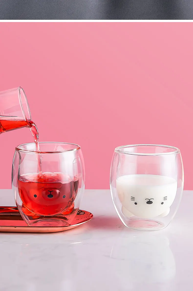 Милые, Мультяшные, прозрачные стеклянные чашки, креативные чашки для воды в скандинавском стиле, простые двухслойные офисные кофейные стаканчики, 280 мл MM60BLB