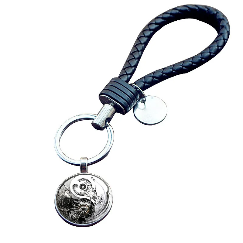 

Creative Small Gifts Weaving Leather Rope Key Ring And Yang Tai Chi Time Stone Single Loop Keychain Europe And America Hot Sales