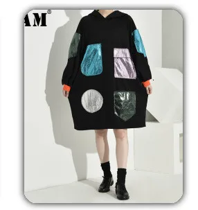 [EAM] черная юбка с завышенной талией, смешанные цвета, необычная юбка средней длины, женская мода, новинка, весна-осень, 1B212