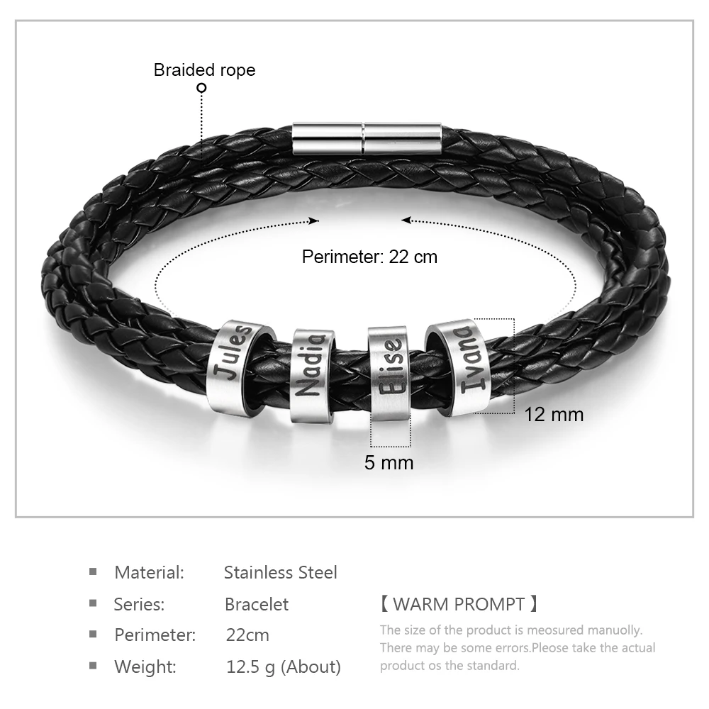 Personalized Stainless Steel Braided Rope Charm Bracelets Custom Men Leather Bracelets with 2-5 Names Beads Gift for Boyfriend