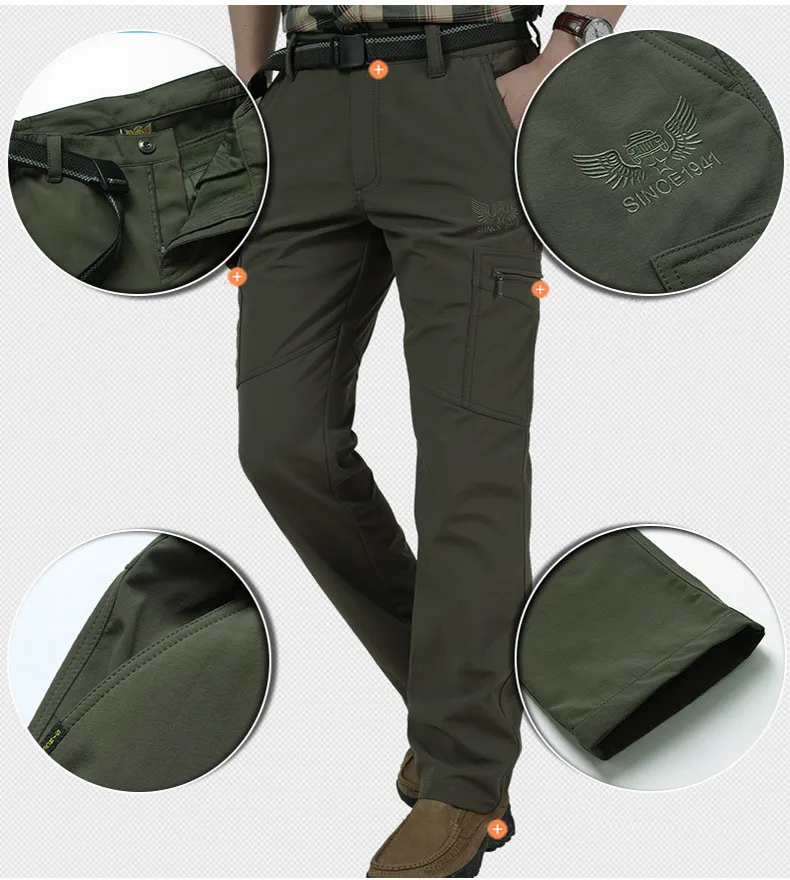 Winter Thick Fleece Warm Stretch Causal Pants Men Military