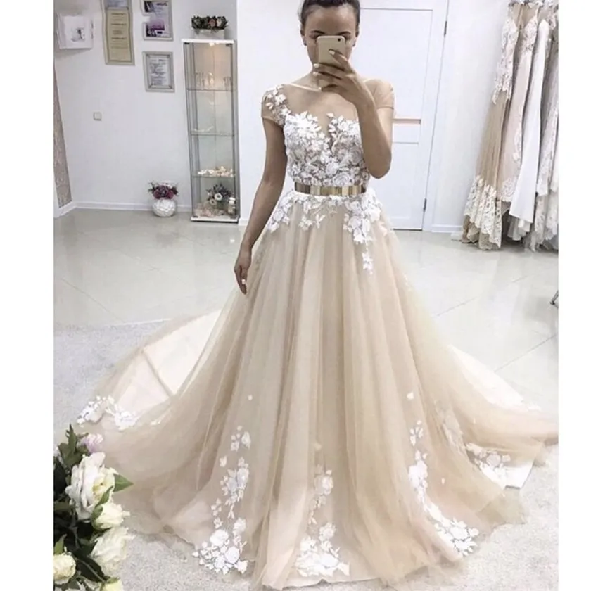 Свадебное платье цвета шампанского Воротник Sheer Jewel короткий рукав A-LIne тюль дизайн клиента Очаровательные платья длиной до пола свадебное платье