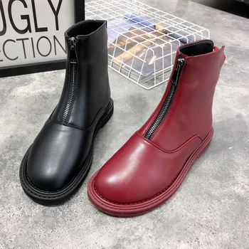 

British fashion Chelsea round toe front zipper women's boots flat bottom handsome women's short boots motorcycle short boots