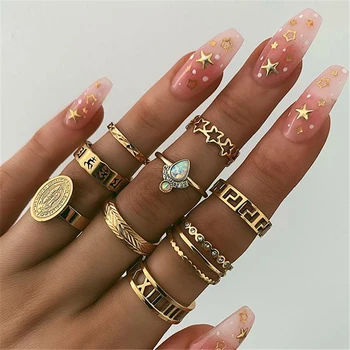 

9 Pcs/set Bohemian Women Fashion Gold Star Virgin Mary Pattern Leaf Ring Vintage Hollow Geometric Opal Crystal Ring Set Jewelry