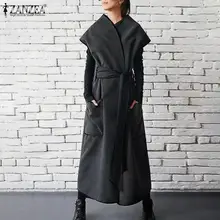 ZANZEA Длинные Макси куртки осень зима женские жилеты куртки без рукавов с поясом тонкое пальто с карманами полной длины размера плюс