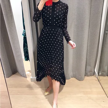 

Women Black Long Dress Flower Embroidery Chiffon Long Sleeve Draped Asymmetrical Midi Dresses