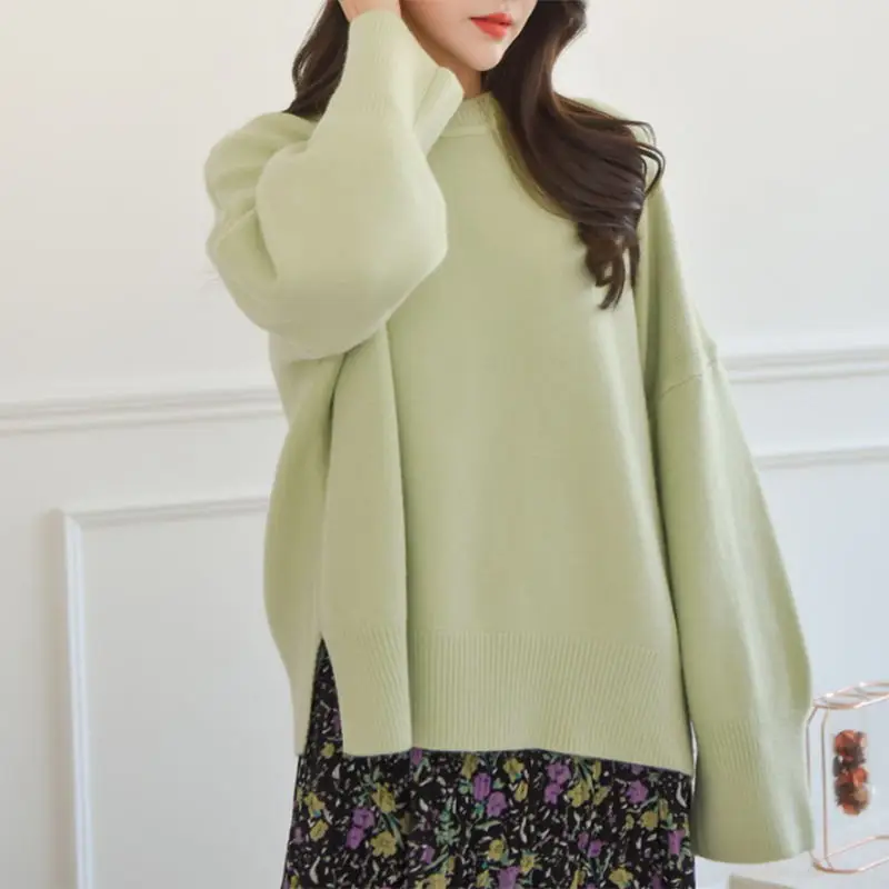 

Light Green Knitted Sweater Women O-Neck Cashmere Autumn Winter Jumper Oversized Long Sleeve Thicken Pullover Clothes Vintage
