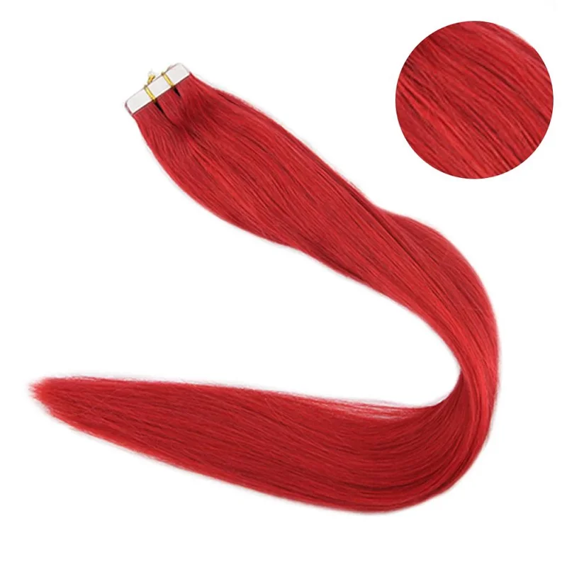 Red Полная Блестящая лента, человеческие волосы, сплошной цвет, клей на волосах, бесшовное наращивание, 25 грамм, лента на волосах, машина для производства remy - Цвет: Red