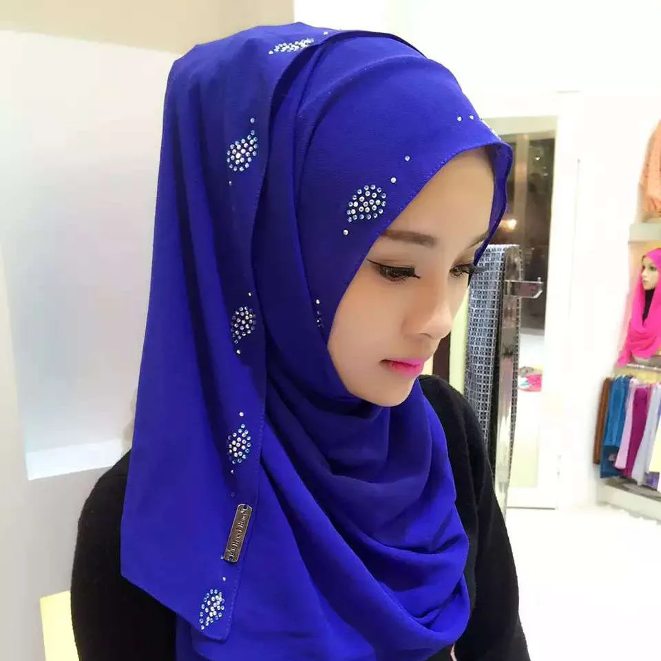 Шифоновый мусульманский хиджаб со стразами с узором пейсли хиджаб шали полное покрытие тюрбан женский хиджаб стрейч Джерси шапка головной платок - Цвет: Синий