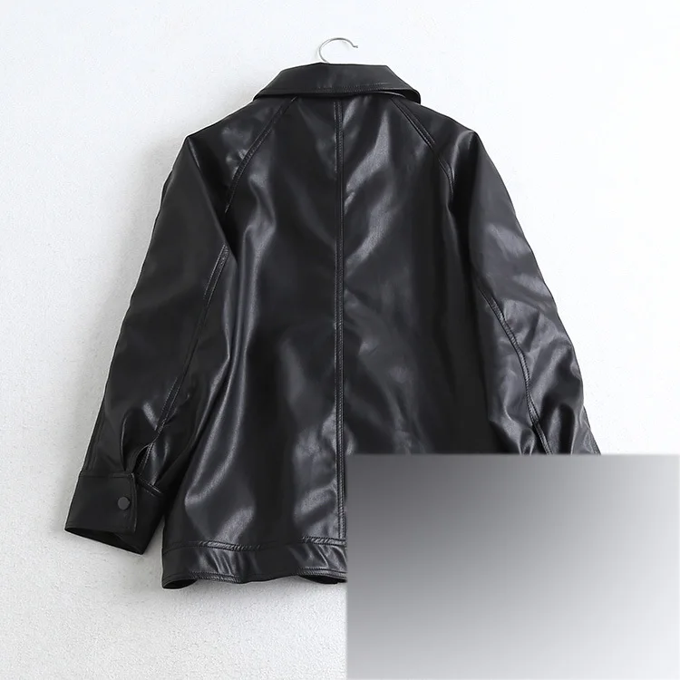

MK62 Autumn New Style Leather Coat Women's Motorcycle Mid-length Retro Loose-Fit Black And White with Pattern Leather Casual Poc