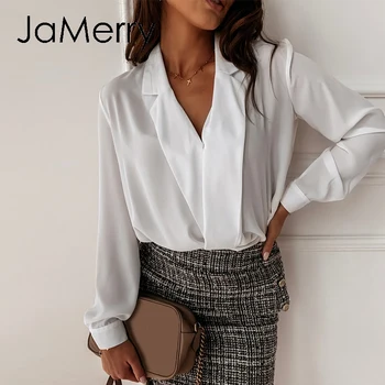 

JaMerry Sexy v neck office lady blouses shirts Long sleeve spring summer female white solid tops work wear slim women blouses