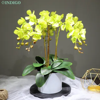 

INDIGO - Green Orchids Flower Arrangment ( 5pcs flower+3 leaf+ Metal Vase) Real Touch Flower Wedding Decorative Flower Event