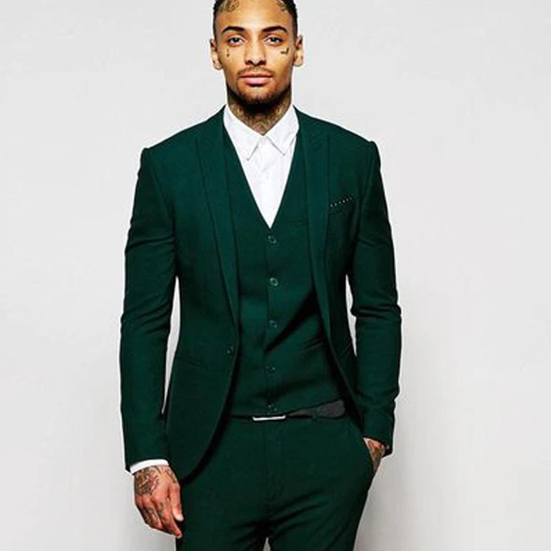 

Green Business Party Men Suits 2020 Peaked Lapel Three Piece Blazer One Button Custom Made Wedding Groomsmen Tuxedos