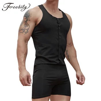 

Men Rompers Nightwear Short Jumpsuits Cotton Comfortable Male Leisure Casual Loose Sports Sleep Vest Tops Solid Button Bodysuits