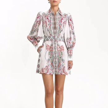 

iMucci Vintage Print Women Dress Lapel Lantern Sleeve High Waist With Sashes Button Mini Dresses Female Fashion Summer TM1243