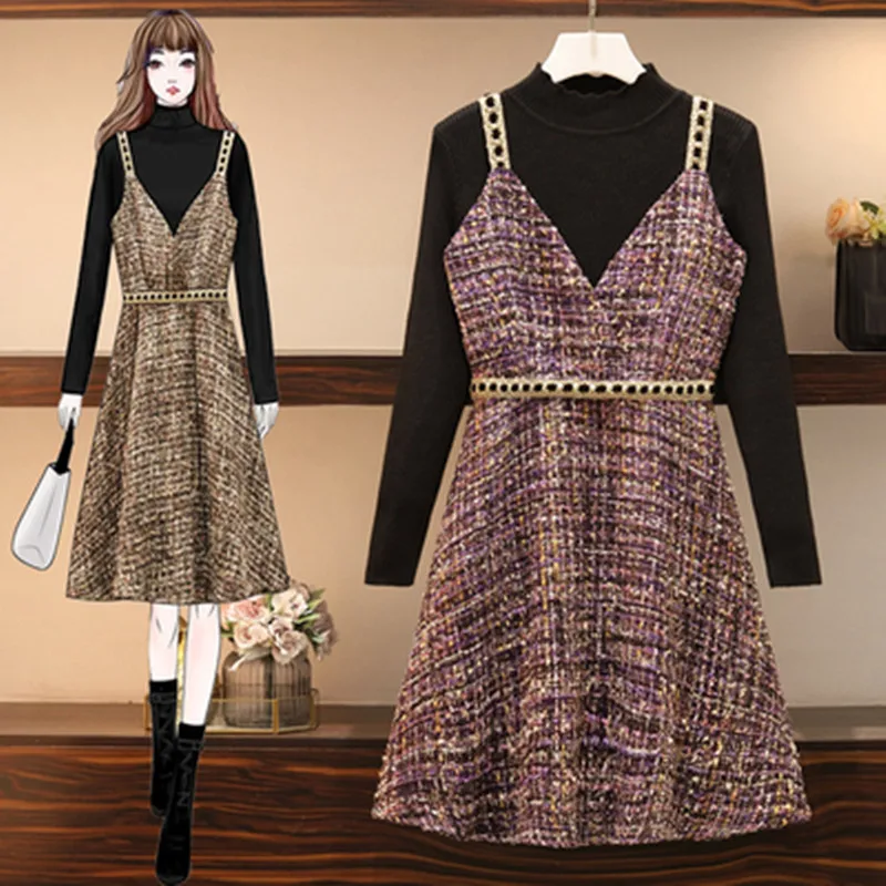 

Plus Size Fashion Braided trim Tweed Short Dress Sweater 2 Piece Set 2020 Fall Winter Women V-Neck Strap Dress OL Work Dress