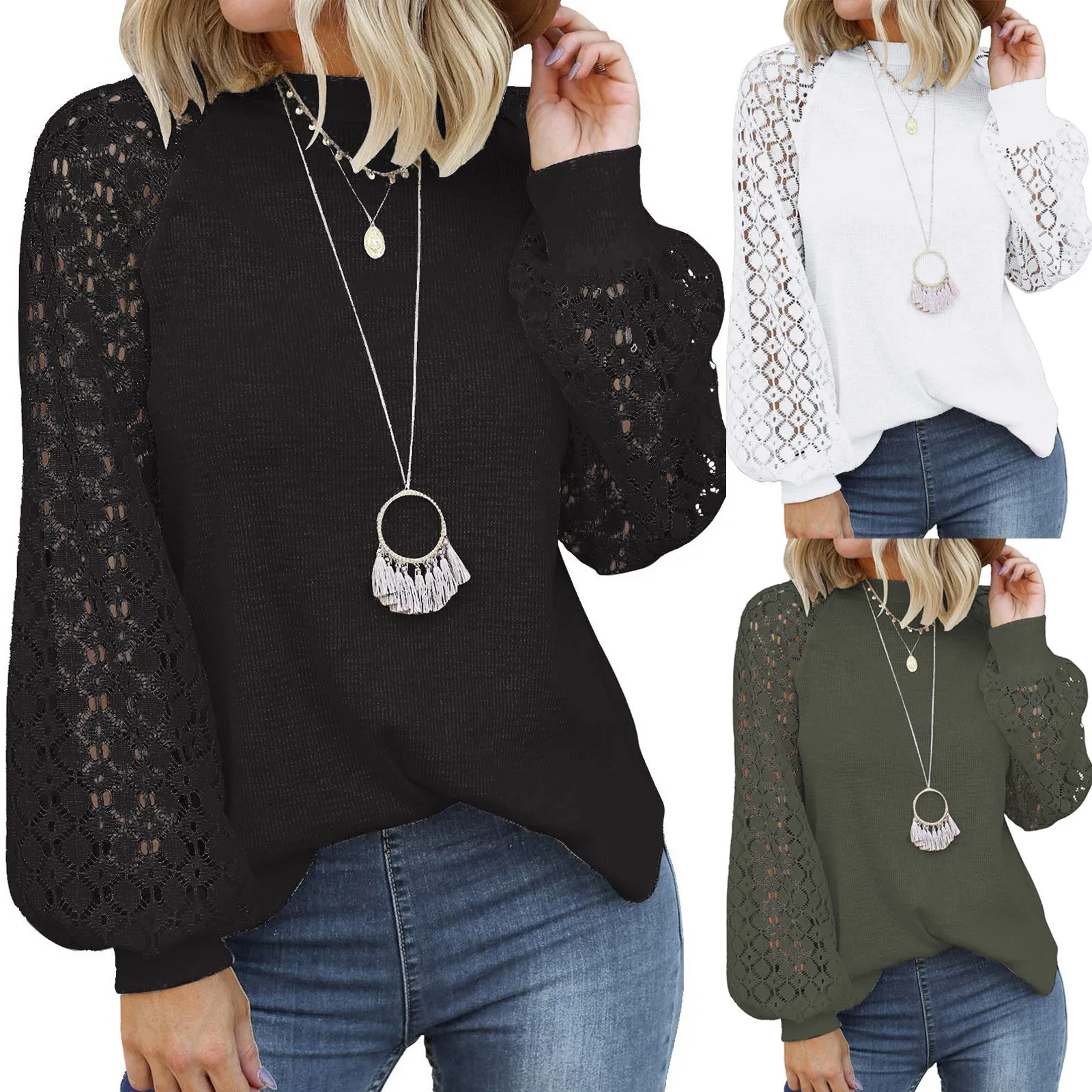 Harajuku Sweatshirts Autumn Winter Women's O-neck Long Sleeve Tops Lace Stitching Loose Tops Sweatershirt Blouses Aesthetic 1