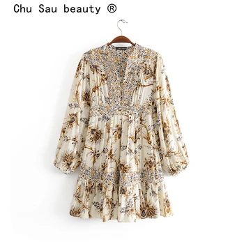

Chu Sau beauty New 2019 Boho Chic Floral Print Dress Women Holiday Fashion Long Sleeve Mini Dresses Female Beautiful Beachwear