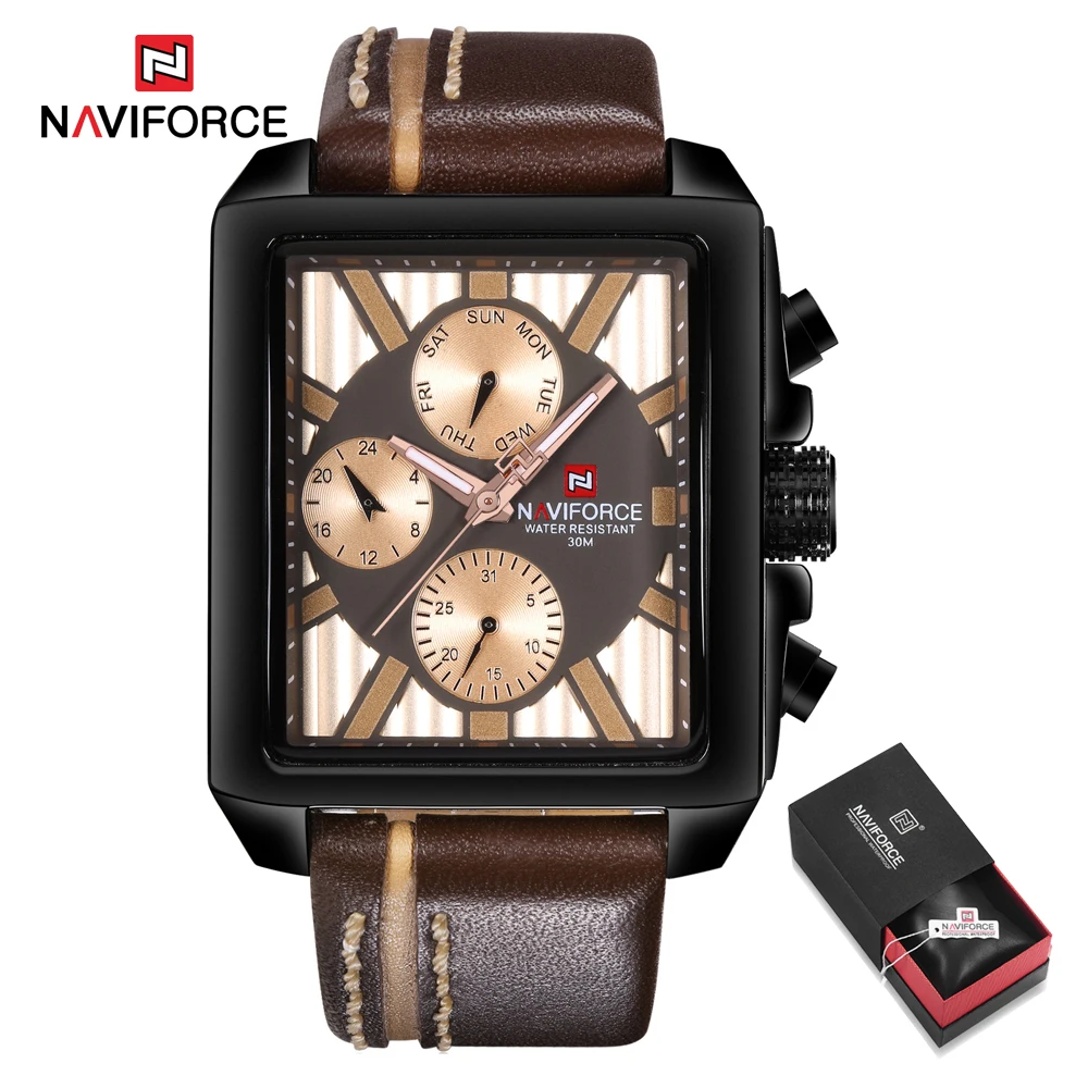 Brown in Box NAVIFORCE Брендовые мужские кварцевые часы, мужские часы с датой, отображением недели, прямоугольные водонепроницаемые часы с циферблатом, кожаные Наручные часы, мужской подарок - Цвет: Brown in Box
