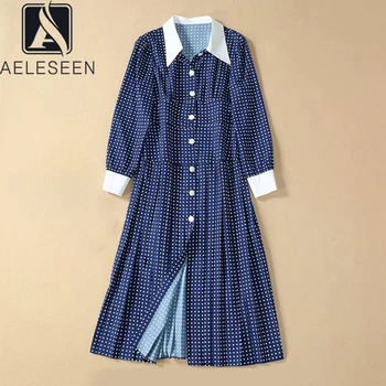

AELESEEN 2020 Spring New Fashion English Style Runway Dots Print A-Line Dresses Women Single Breasted Office Lady Midi Dress