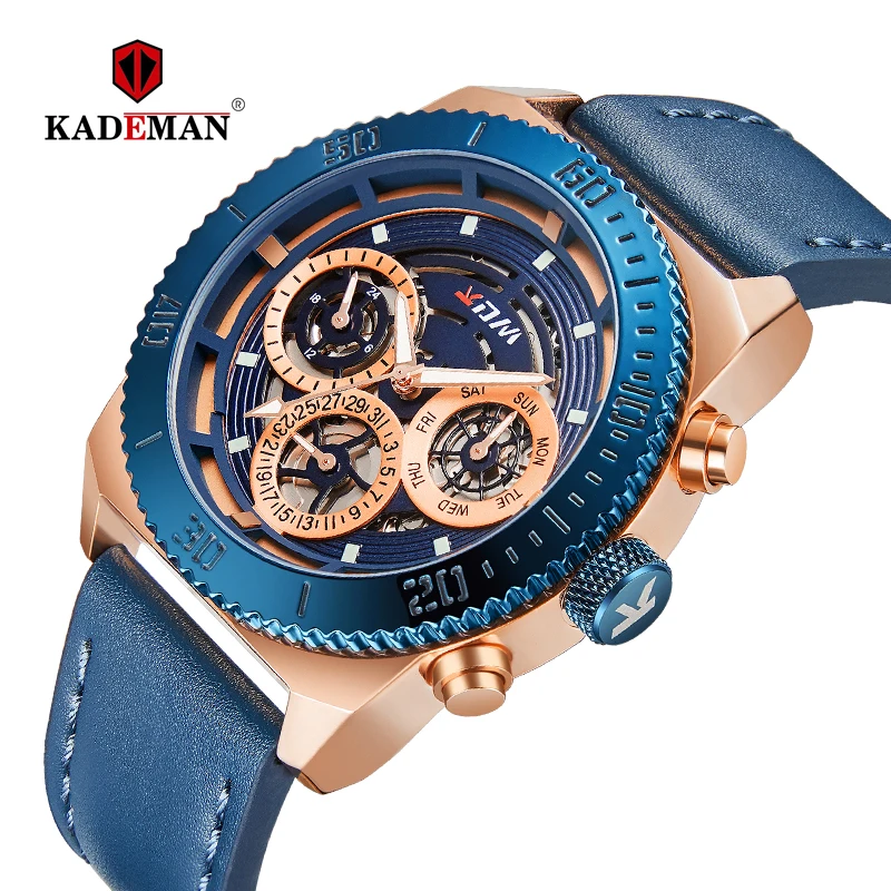

KDM Brand Top Luxury Men's Business Watches 6 Hands Week Date Display Quartz Genuine Leather Strap 3ATM Relogio Masculino 8015