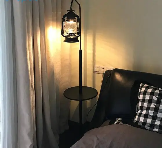 Artpad Nordic Nostalgia Led Floor Light Vintage Kerosene Beside Floor Lamp Standing with Wood Shelf Base for Living Room
