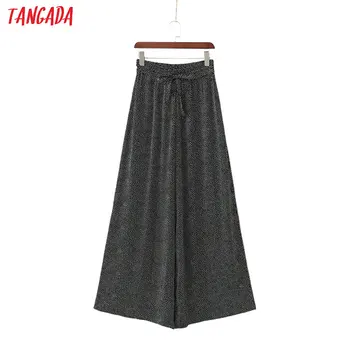 

Tangada women dots print wide leg long pants trousers with slash vintage style strethy waist lady pants pantalon 1D181