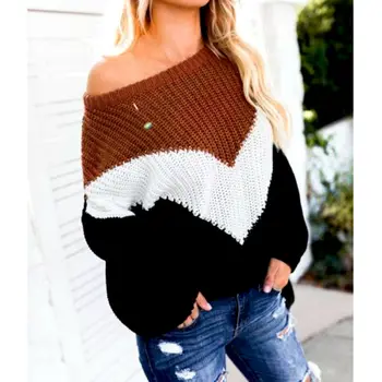 

Women Winter Long Sleeve Off Shoulder Sweater Striped Knitted Sweater Thick Pullover Jumper Tops Girls Laides Outfits