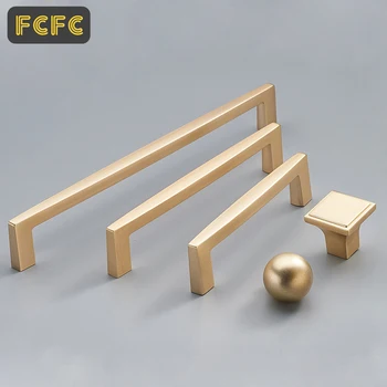 FCFC Brushed Gold Cabinet Door Handles Solid Brass Pulls Knobs Kitchen Cupboard Pulls Drawer Knobs Furniture Handles Hardware