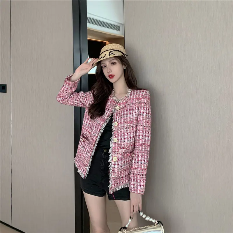 

HziriP Pink Casual Office Ladies Brief Gentle Chic Plaid Elegant Stylish Feminine Sweet Loose All-Match Coat Large Size Tops