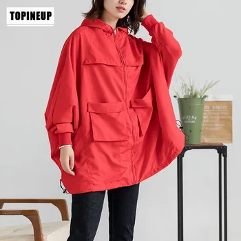 

Korean Jacket Women Bat style oversize thin hooded jacket with big pocket Spring Autumn Harajuku Oversized Solid Outwear