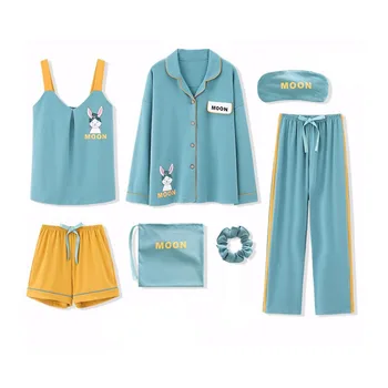 

7 Pieces Pajamas Set Cotton Spring And Summer Pajamas Long Sleeve Casual Female Sleepwear Cute Causal Full Length Home Service