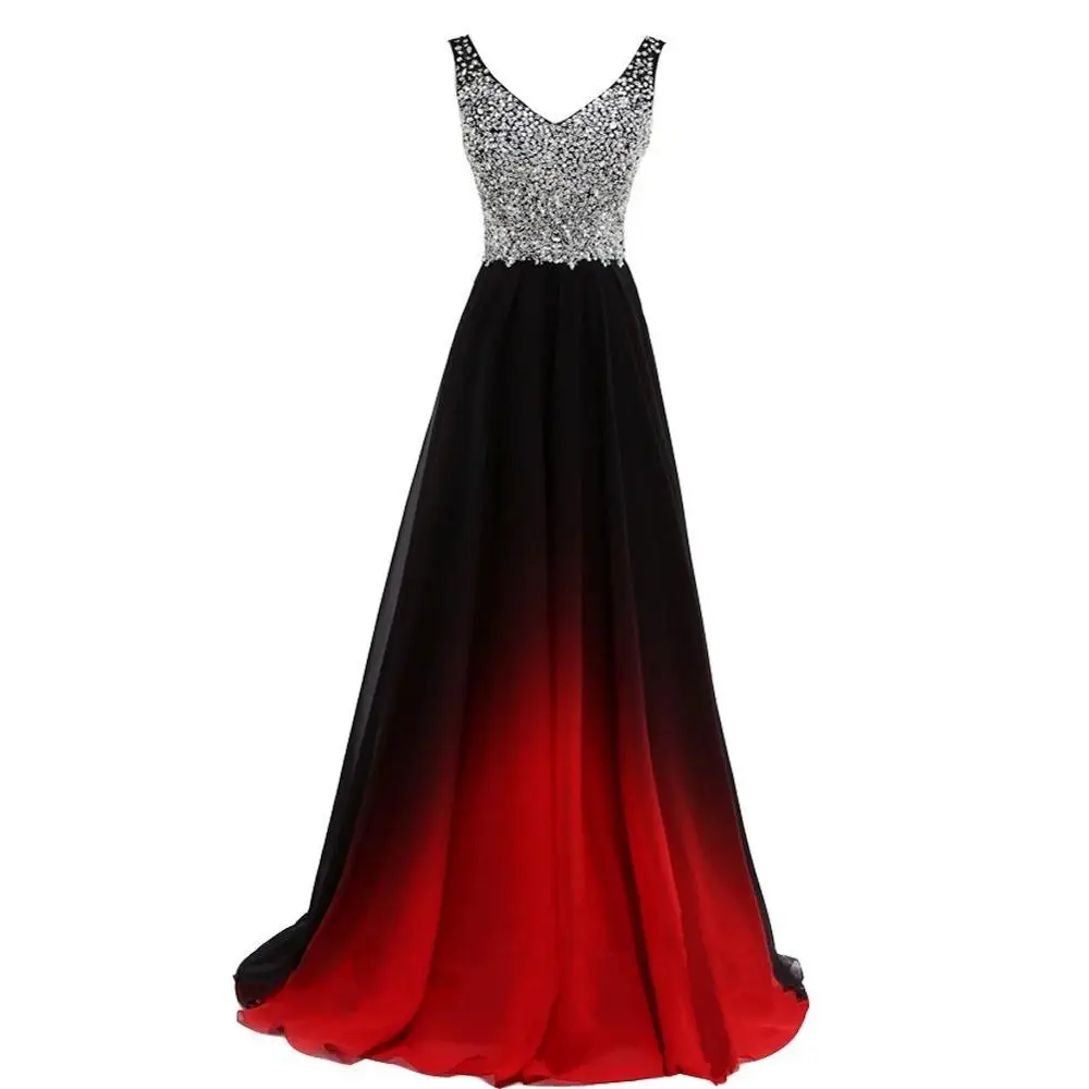 Gardlilac 2020 Spaghetti Straps Beaded Evening Dresses Long Gradient Black to Red Party Formal Gown | Свадьбы и торжества