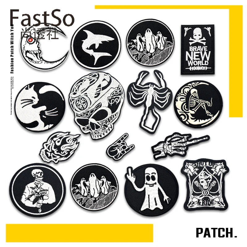 

Black Patch Biker Iron on Clothes Stripe Embroidery Patches for Clothing Skull Punk Fck Stickers Applique Jacket Decorative