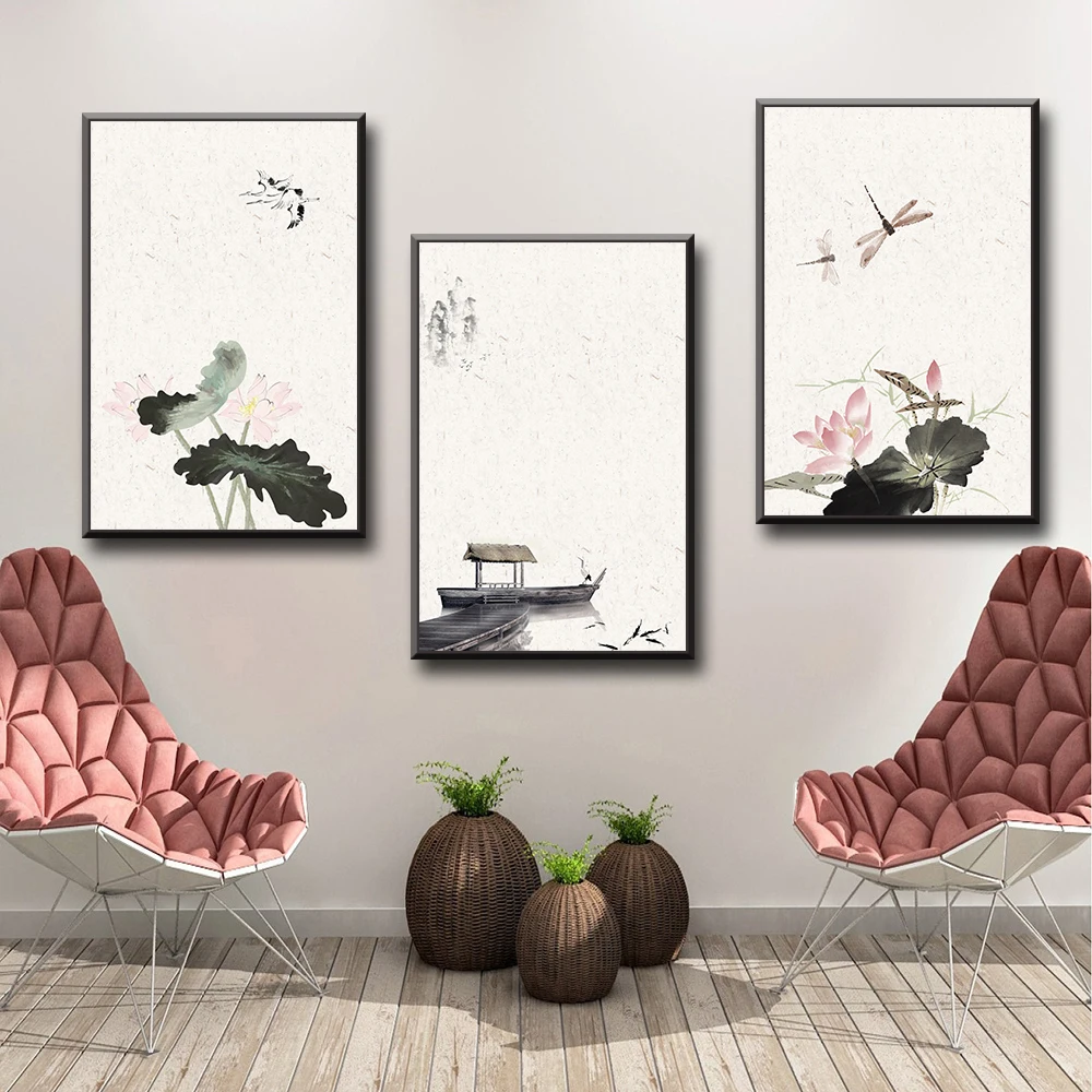 

Chinese Ink Lotus Painting Wall Art Drawing Print Canvas Poster For Living Room Painting Decor