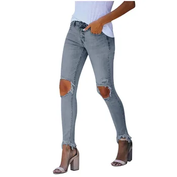 

Jeans Fashion Women'S Ripped Jeans Ladies Mid Waist Pencil Feet Jeans Skinny Ladies Plus Size Slim Denim Trousers джинсы