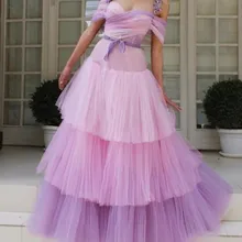Розовый Лавандовый многоуровневый Тюль Омбре Выпускные платья элегантные с открытыми плечами 3D Цветы и бабочки Вечерние платья Длинные Формальные платья