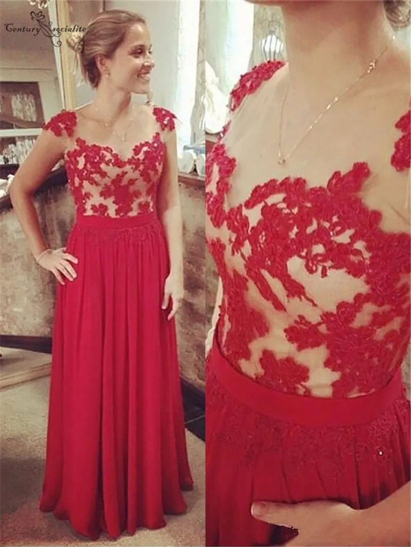 

Long Prom Dresses Lace Appliques Sheer O-Neck Cap Sleeves Button Back Chiffon Evening Party Dress Formal Gowns Vestidos De Festa